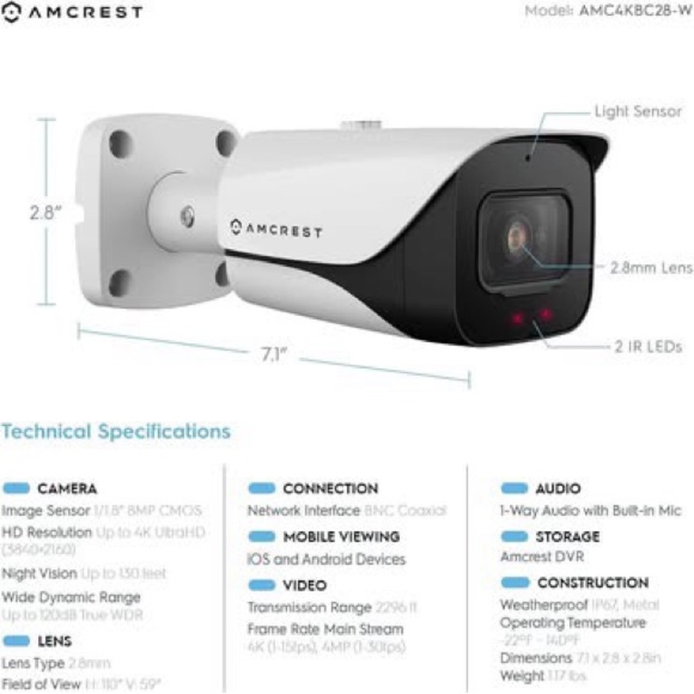 Amcrest 4K Analog Security Camera, Bullet 4K (8MP)  98ft Night Vision, 125°, Mic